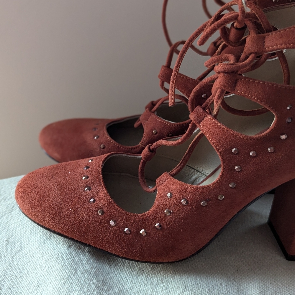 Sapena Spain Lace Up Chunky Ankle Heel Brown Suede Leather Round Yoe Euro 37.5 - Picture 12 of 16